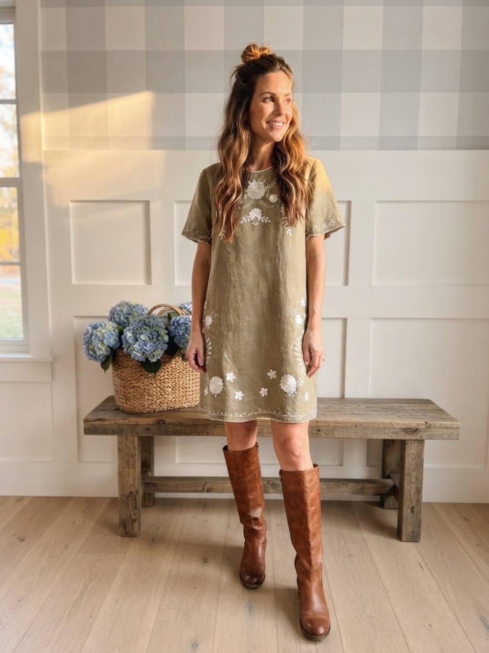 Zara Olive Green Mini Dress with White Floral Embroidery
